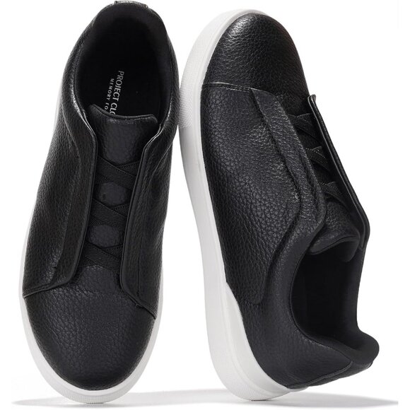 ⚡ Men Black Faux Leather Memory Foam Insole Lightweight Non Slip Sneakers - Picture 1 of 5